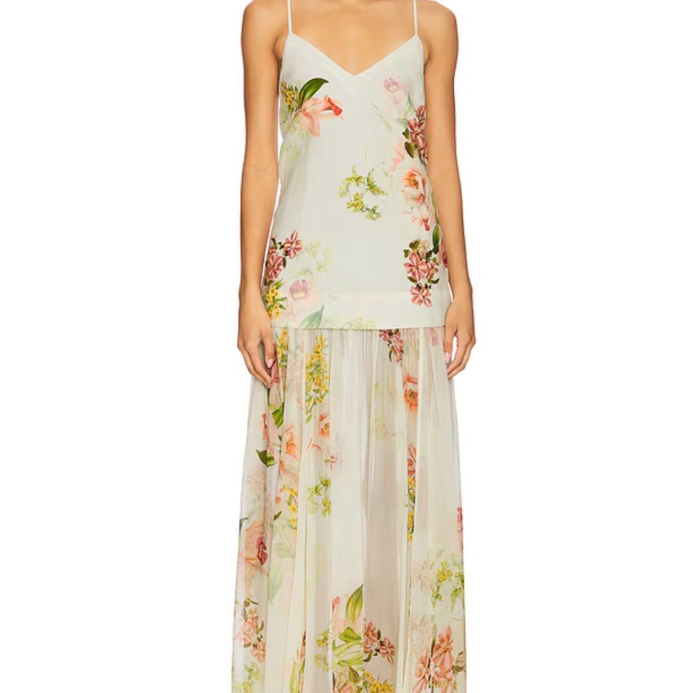 HEMANT & NANDITA Cream Floral Maxi Dress with Pink and Green Accents